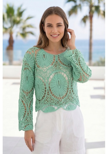 Sayzen Your Shine Dantel Işleme Crop Bluz Sy-shn2610 Mint Yeşili