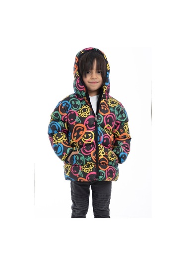 Erkek Çocuk Gülen Emoji İçi Polarlı Kürklü Su Ve Rüzgar Geçirmez Kapüşonlu Cepli Kışlık Şişme Mont Çok Renkli