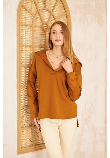 Kadın Scuba Kapüşonlu Arkası Uzun Salaş Rahat Kalıp Sweatshirt 3506230 Kahverengi