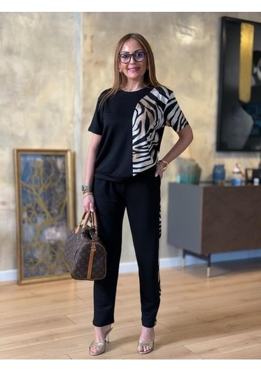 Gülsüm Aydın Kadın Bisiklet Yaka Kısa Kol Leopar Desen Bluz Ve Pantolon Ikili Takım Siyah