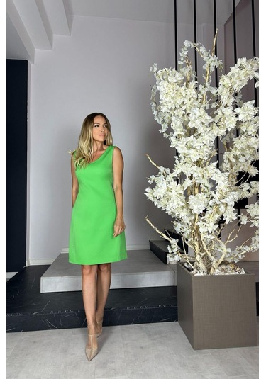 G1071 V Yaka Basic Elbise Yeşil-yeşil