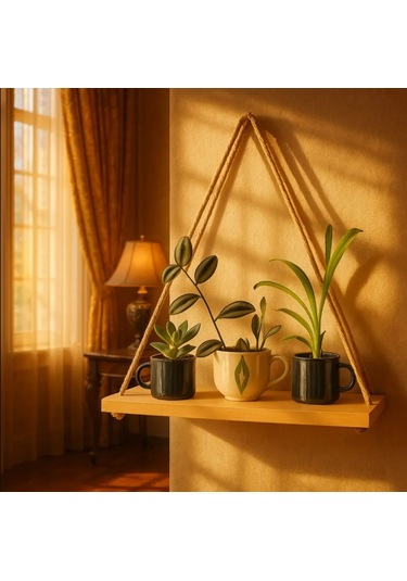 Dekoratif Ahşap Halatlı Duvar Rafı Kitaplık & Çiçeklik Uçan Raf 35cm Genişlik X 13cm Derinlik Krem