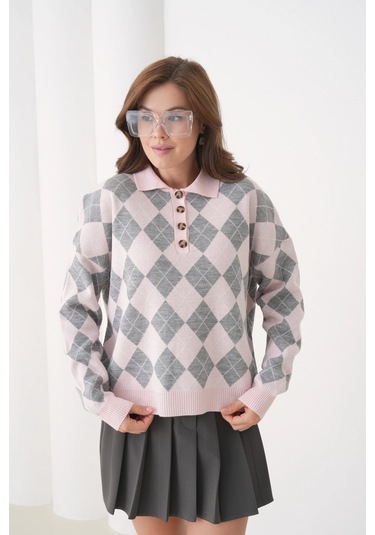 Kadın Polo Yaka Yarım Pat Düğme Detay Desenli Oversize Triko Kazak Açık Pembe