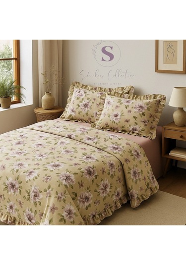 Peony Çiçekli % 100 Pamuk Fırfırlı Çift Kişilik Nevresim Takımı Çok Renkli