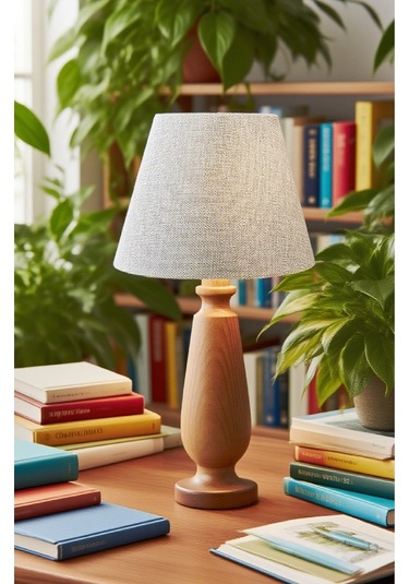 Manolya Masa Abajuru Ahşap Gövde Kumaş Başlık Dekoratif Masa Lambası Gece Lambası Açık Gri