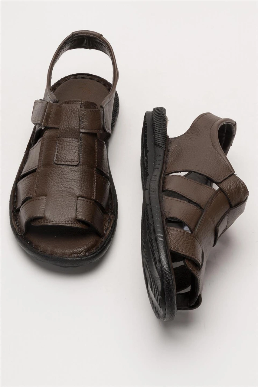 Erkek Hakiki Deri Cırtlı Sandalet Kahverengi - Siyah Kahverengi - Siyah