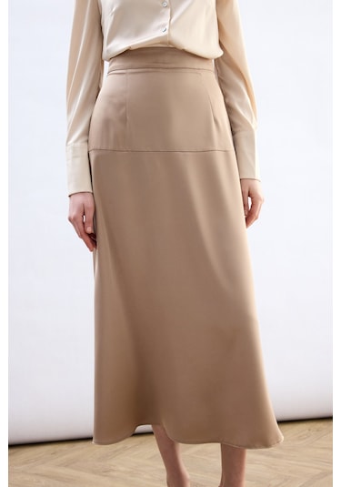 Sateen Yüksek Bel Saten Etek - Bej-136784 Bej