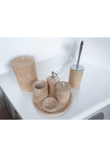 Sarı Traverten Klasik Model 7 Parça Gümüş Renk Düğme Aksesuarlı Banyo Seti Sarı Traverten