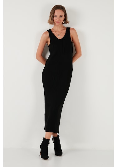 Lela V Yaka Fitilli Uzun Triko Bayan Elbise 4616169 Siyah