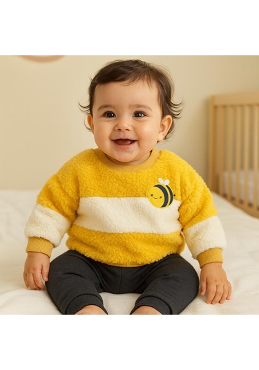 Happy Bee Peluş Omuzdan Çıtçıtlı Kışlık 2 Parça Takım Sari