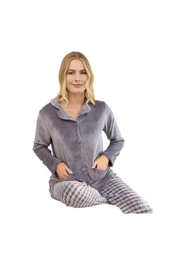 Aydoğanlar Kadın Wellsoft Peluş Önü Düğmeli Pijama Takımı 240700 Gri