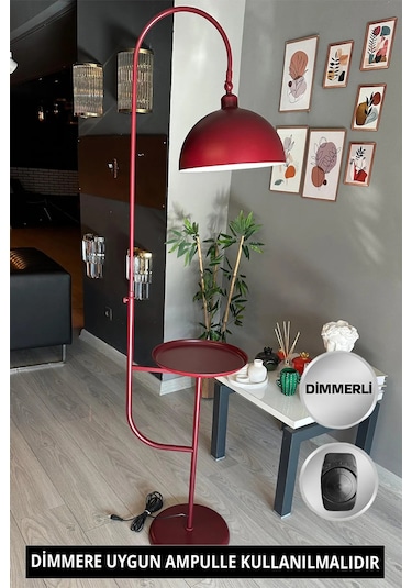 Dimmerli Işığı Ayarlanabilen Işığı Artırılıp Azaltılabilen Vişne Hareketli Başlık Metal Lambader Bordo