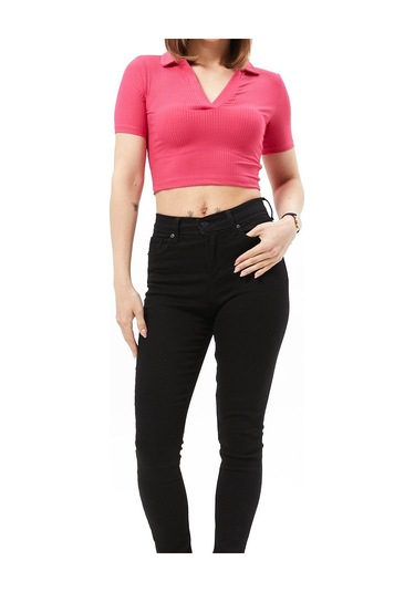 Kadın Fuşya Gömlek Yaka Crop Top