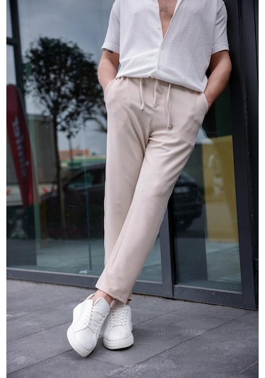 Erkek Bej Renk Likralı Kumaş Jogger Pantolon-1761 Bej