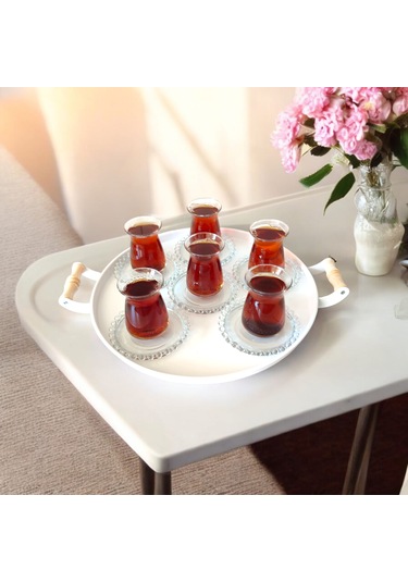 Tepsi Seti Ahşap Kulplu Metal Çay Tepsisi Kahve Tepsisi Sunum Kah