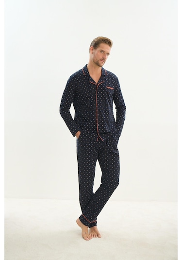 Erkek Uzun Kol Gömlek Yaka Önden Düğmeli Lacivert Pijama Takım C4t1n4o9 001