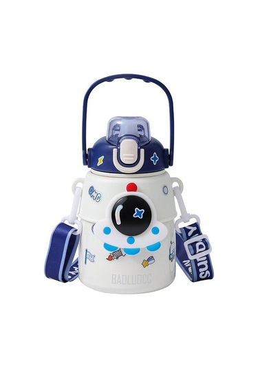 Lyon 850ml Astronot Karikatür Paslanmaz Çelik Taşınabilir Kayışlı Su Şişesi Çocuk Saman Izoleli Su Beyaz