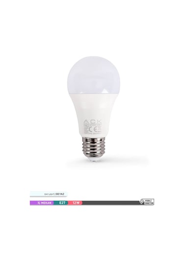 ACK LED A60 Ampul 6500K Beyaz Işık 220V 12W E27