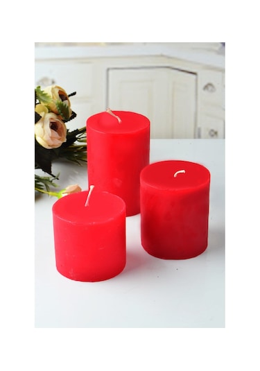 Silindir Mum 3'lü Kokulu Büyük Mum Dekoratif Mum Seti Kirmızı