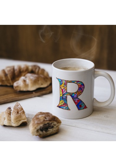 R Harfi Bardak 330 Ml İsme/harfe Özel Hediye, Renkli Harf Tasarım Beyaz