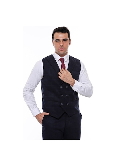 Wessi Kruvaze Yakalı Kareli Desenli Erkek Yelek - Lacivert