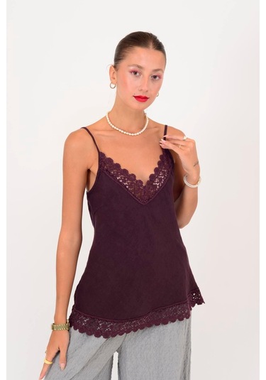 Dantel Detaylı Askılı Keten Bluz-10386 Mürdüm