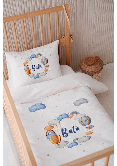 %100 Pamuk Saten Isme Özel Isimli 100x150 Bebek Yatak Nevresim Seti Balon