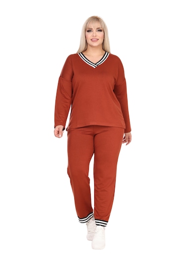 Melsay Butik Tarçın Şerit Detaylı V Yaka Eşofman Takımı Kiremit