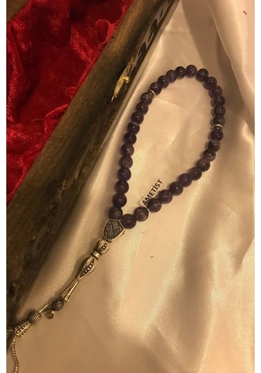 Ametist Tespih Doğal Taş Tesbih Gümüş İmameli Ahşap Kutulu Çok Renkli