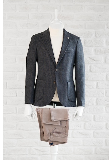 Slimfit Torba Cep Çizgili Mono Yaka Astarsız Çift Yırtmaç Likralı Kışlık Erkek Tek Ceket Antrasit