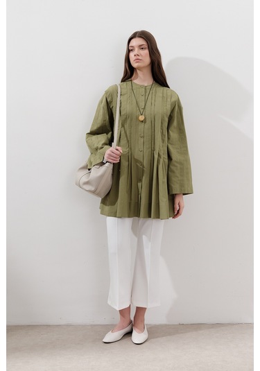 Nervürlü Geniş Kollu Tunik Yeşil Yeşil