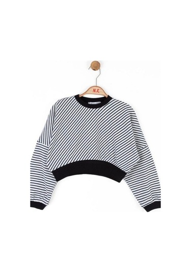 Kız Çocuk Pamuklu Çizgili Crop Sweatshirt-14715 Siyahbeyaz