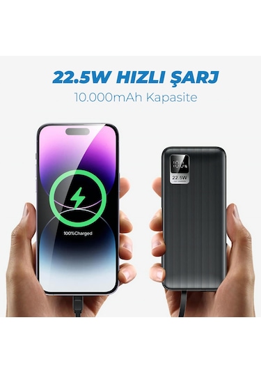 Woyax Dahili Type-C ve Lightning Kablolu 10000mAh Powerbank 22.5W Hızlı Led Ekranlı Taşınabilir Şarj Cihazı