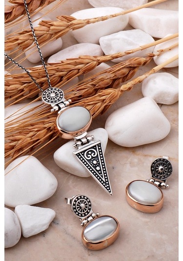 Sedef Taşlı Antik Tasarım Gümüş Set 2492 534859608