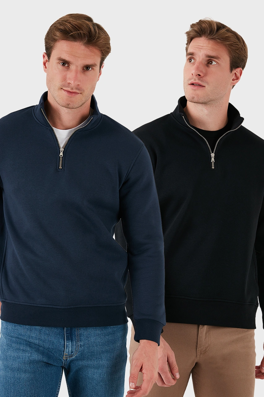 Buratti Pamuklu Regular Fit Dik Yaka 2'Li Paket Erkek Sweat 59052592S2 Koyu Lacivert-Siyah