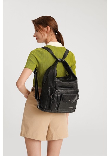 Yıkama Deri Hem Sırt Hem Omuz Kadın Çantası 21-k Barcelona 1580 Yeşil