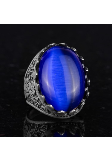 925 Ayar Gümüş Yüzük - Gül Desenli Yüzük - Erkekler İçin Yapay Taş Yüzük - El Yapımı Yüzük Yapay Lacivert Kedigözü Gümüş