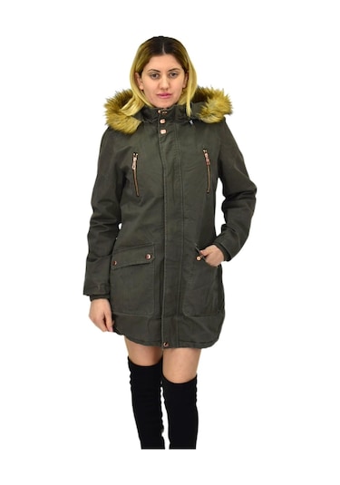 Kadın Büyük Beden Spor Kanvas Kapüşonlu Parka M5300 Bgl-st03987 Haki