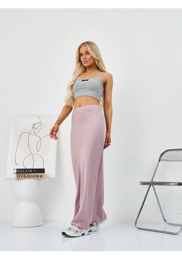 Cenzura Saten Maksi Etek 413342280 Tozlu Pembe