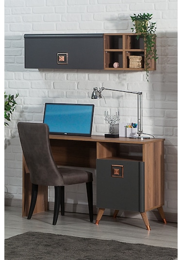 Retro 50x110 Cm Çalışma Masası + Duvar Raf Bilgisayar Masası Ofis Ders Masası Ceviz