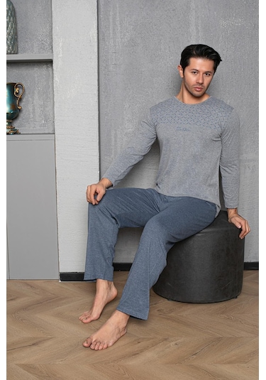 Yuvarlak Yaka %100 Pamuk Regular Kalıp Erkek Pijama Takımı 983 Gri