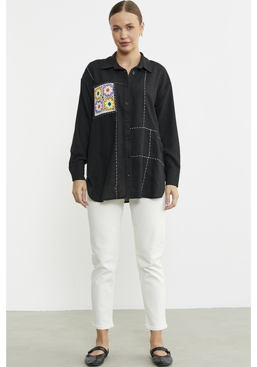 Renkli Dantel Detaylı Tunik Gömlek - Siyah Siyah