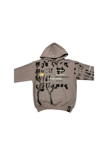 Carinos Erkek Çocuk Oversize Kalıp Kapüşonlu Batik Desenli Sweatsirt-14848 Gri