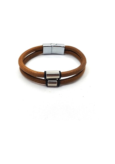 Çelik Aparatlı Mıknatıs Kilitli Deri Bileklik Taba