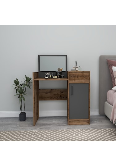 Arnetti Sedef Aynalı Makyaj Masası Ceviz Antrasit