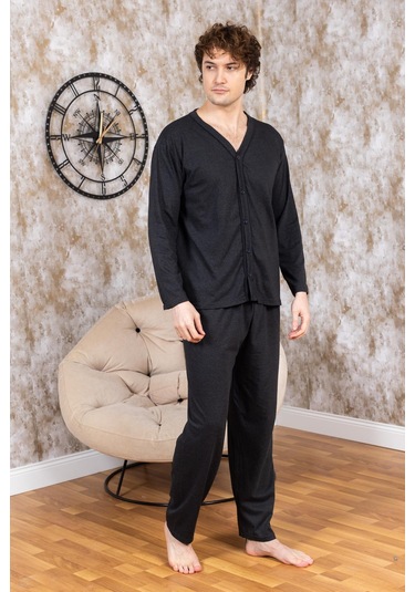 Erkek Boydan Düğmeli Yüksel Kalite Pamuk Pijama Takımı 16511 Antrasit