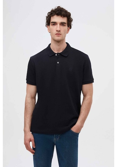 D's Damat Ds Damat Regular Fit Lacivert Pike Dokulu %100 Pamuk Kıvrılmaz Polo Yaka Nakışlı T-shirt 4HC14ORT51000 Lacivert
