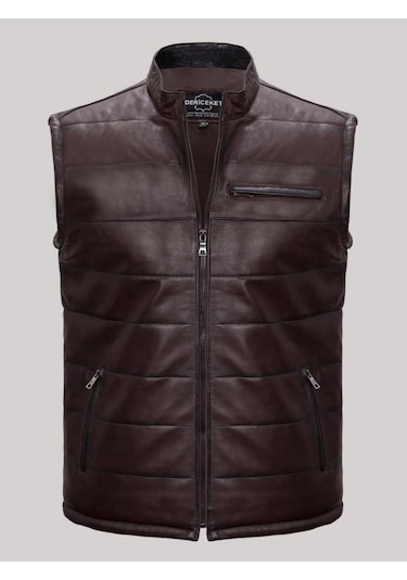 Hakiki Deri Işlemeli Cepli Erkek Yelek Kahverengi Kahverengi