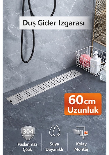 60 Cm Lineer Duş Gider Izgarası 304 Paslanmaz Çelik 5 Cm Genişlik Üst Kapak