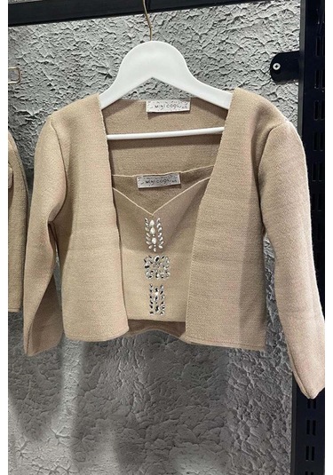 Riccotarz Kız Çocuk Askılı Bluz Hırka Ve Elmas Taş İşlemeli Cepli Bej Triko Etekli Takım Bej